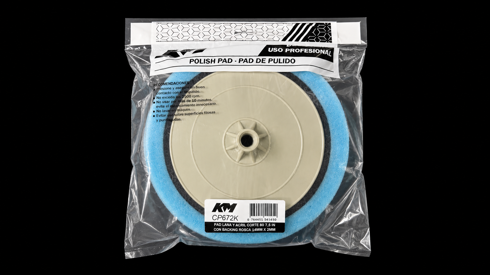 CP672K - PAD LANA Y ACRILICO CORTE 80 7,5 IN CON BACKING 14/2 - Pads 7,5 IN - Lana y acrílico - 7,5 IN - corte 80 - Rosca 14/2 mm - Rotativa - KM Detail Line