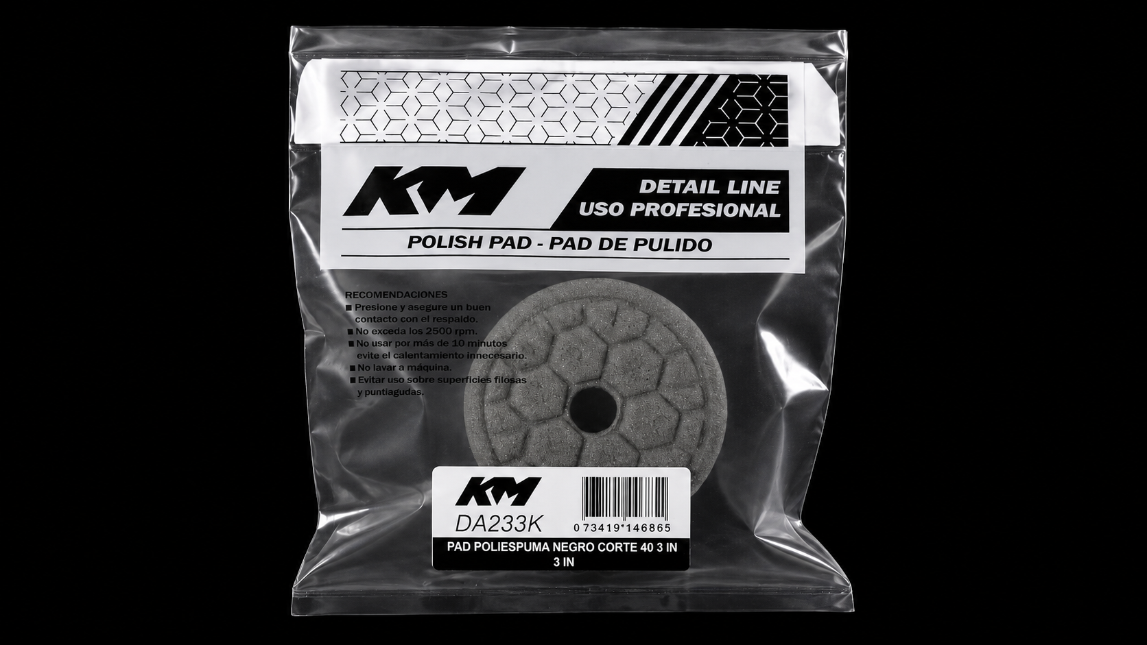 DA233K - PAD POLIESPUMA NEGRO CORTE 40 3 IN - Pads roto-orbitales - Poliespuma - 3 IN - corte 40 - Roto-orbital - KM Detail Line