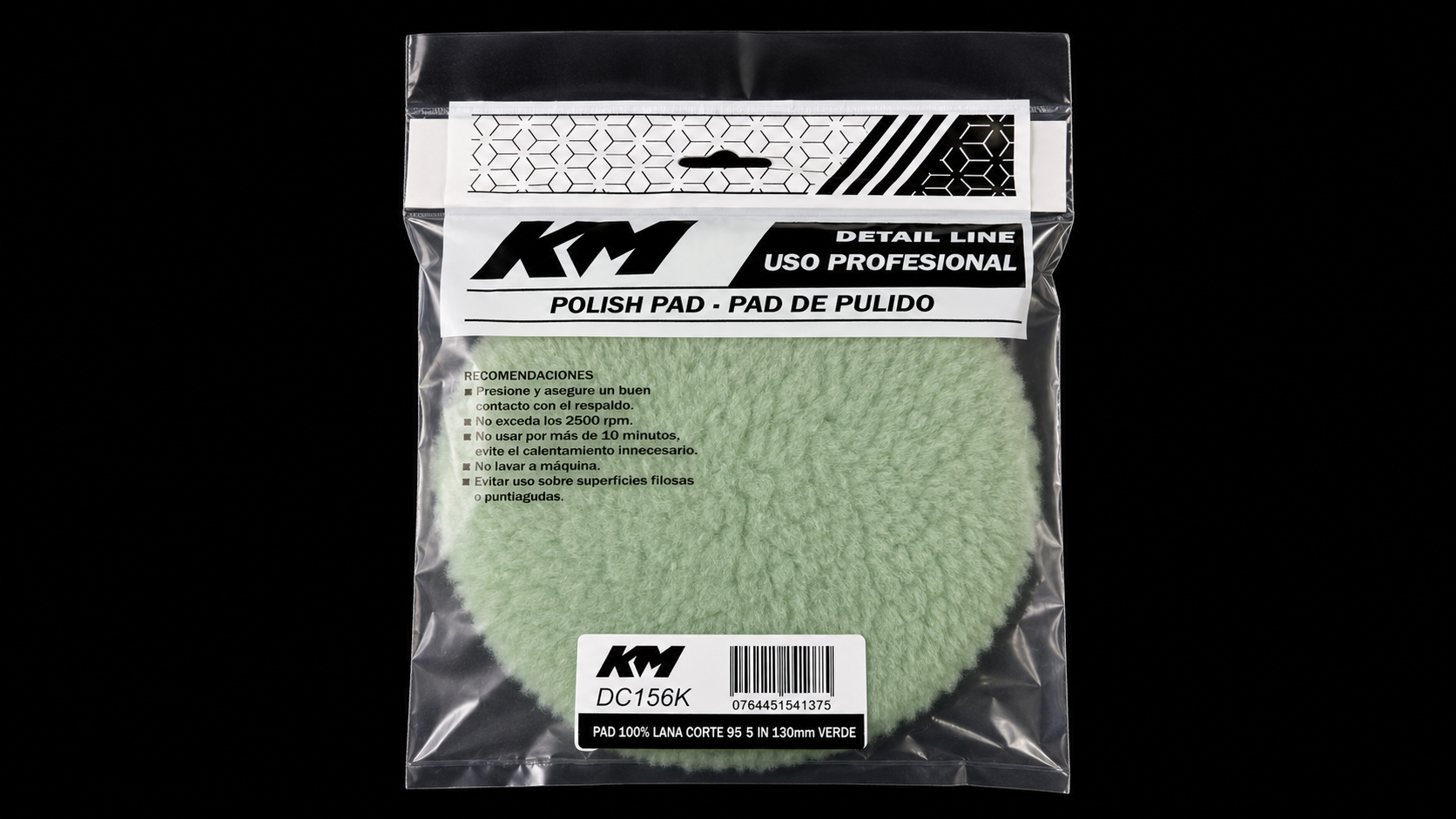 DC156K - PAD 100% LANA CORTE 95 5 IN 130mm VERDE - Pad lana prelavada - Lana 100% - 5 IN - corte 95 - Rotativa - KM Detail Line