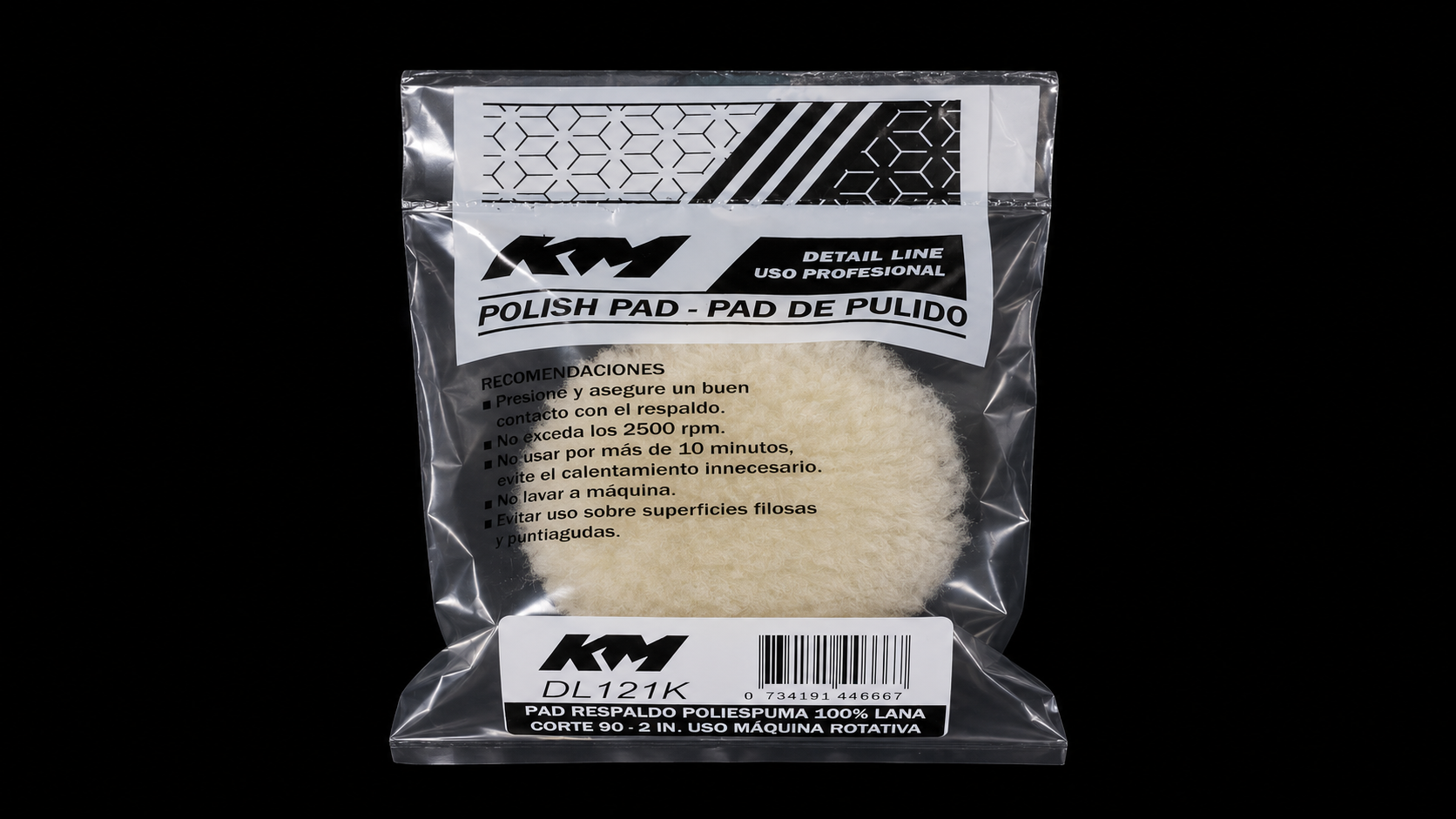 DL121K - PAD RESPALDO POLIESPUMA 100% LANA CORTE 90 2 IN - Pad lana con velcro - Lana 100% - 2 IN - corte 90 - Velcro - Rotativa - KM Detail Line