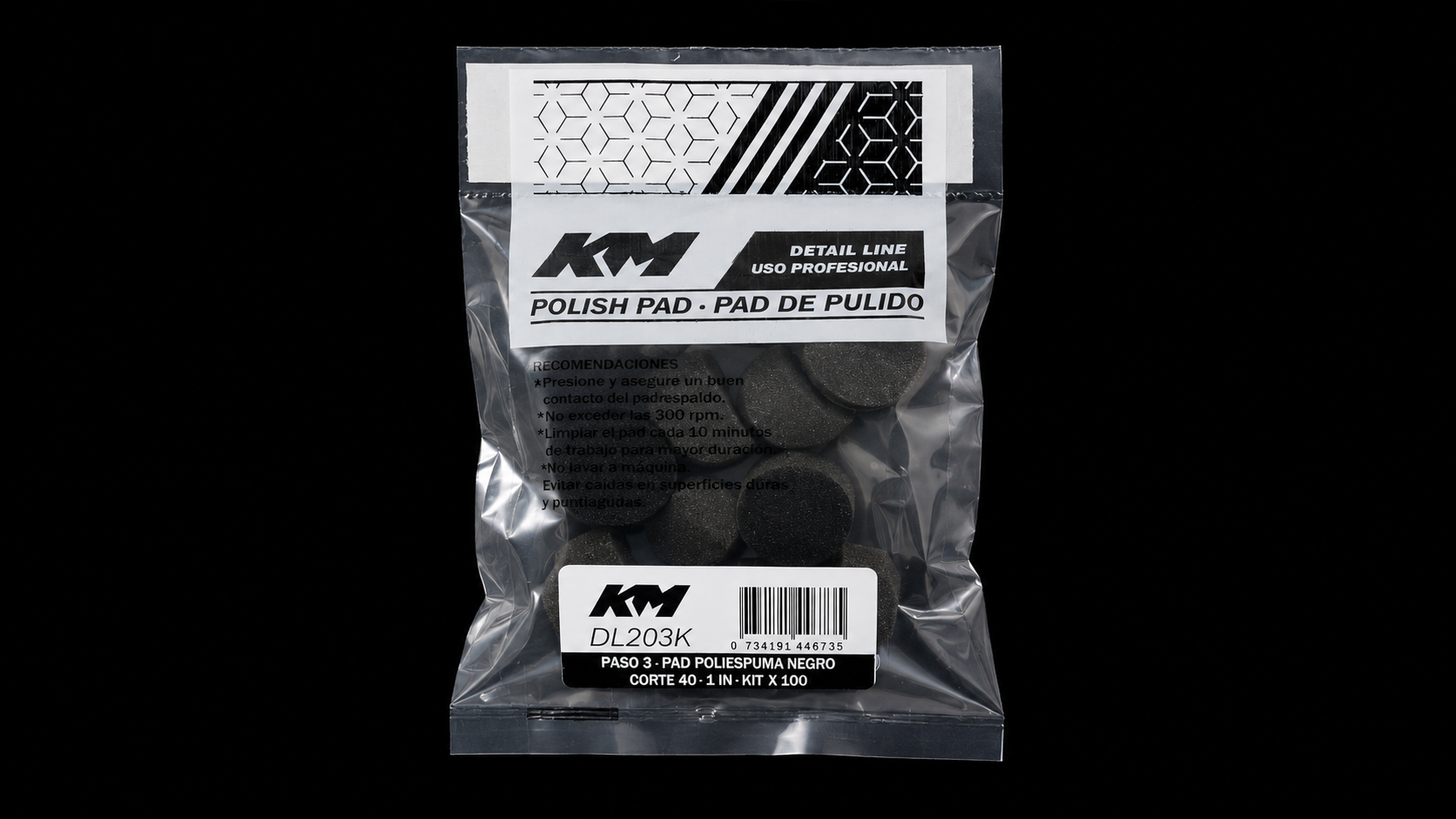 DL203K - PAD POLIESPUMA NEGRO CORTE 40 1 IN X 10 UNIDADES - Pad poliespuma con velcro - Poliespuma - 1 IN x 10 unidades - corte 40 - Velcro - Rotativa - KM Detail Line imagen 3