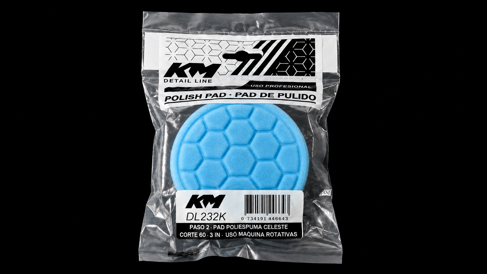 DL232K - PAD POLIESPUMA CELESTE CORTE 60 3 IN - Pad poliespuma con velcro - Poliespuma - 3 IN - corte 60 - Velcro - Rotativa - KM Detail Line