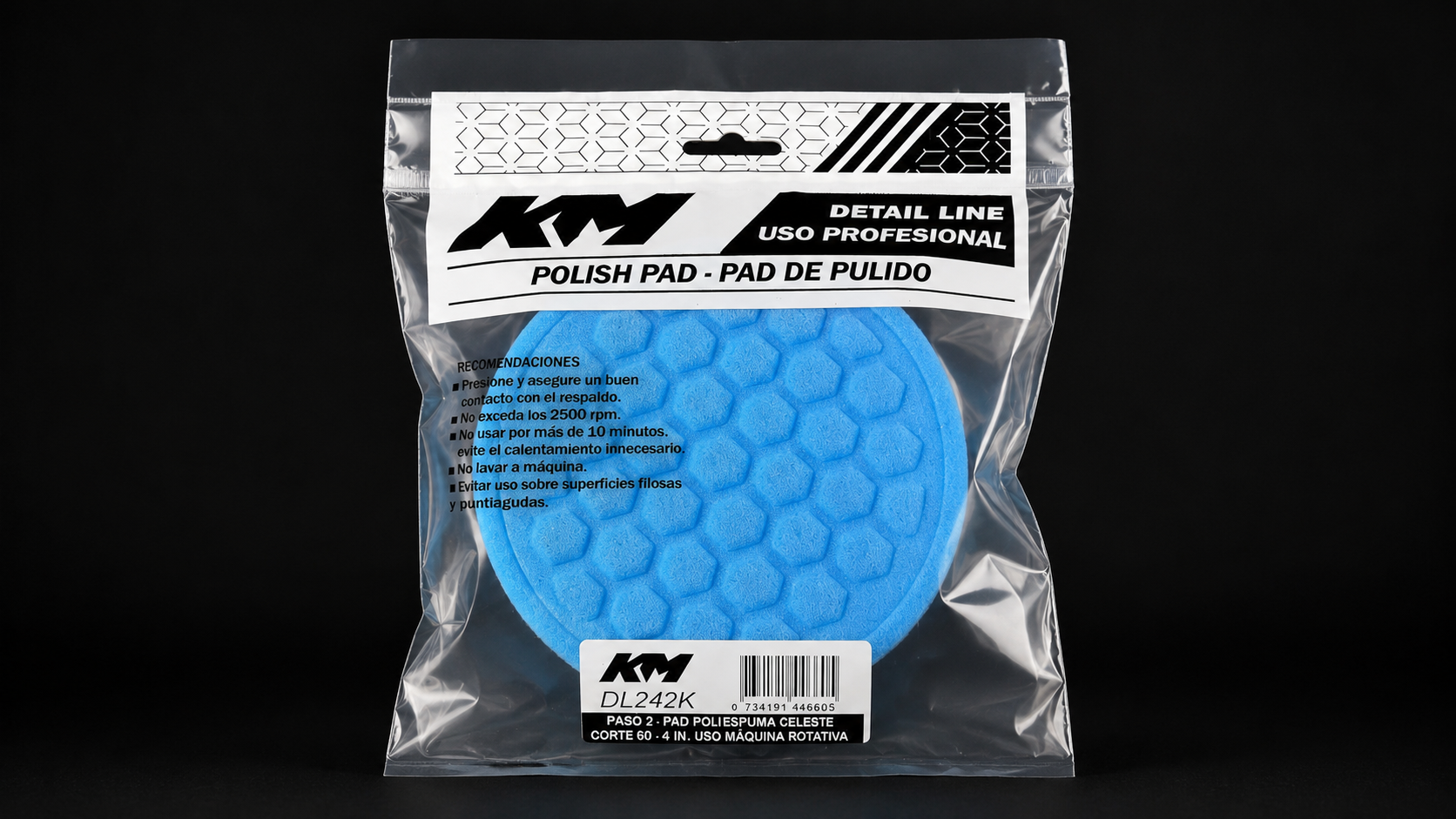 DL242K - PAD POLIESPUMA CELESTE CORTE 60 4 IN - Pad poliespuma con velcro - Poliespuma - 4 IN - corte 60 - Velcro - Rotativa - KM Detail Line