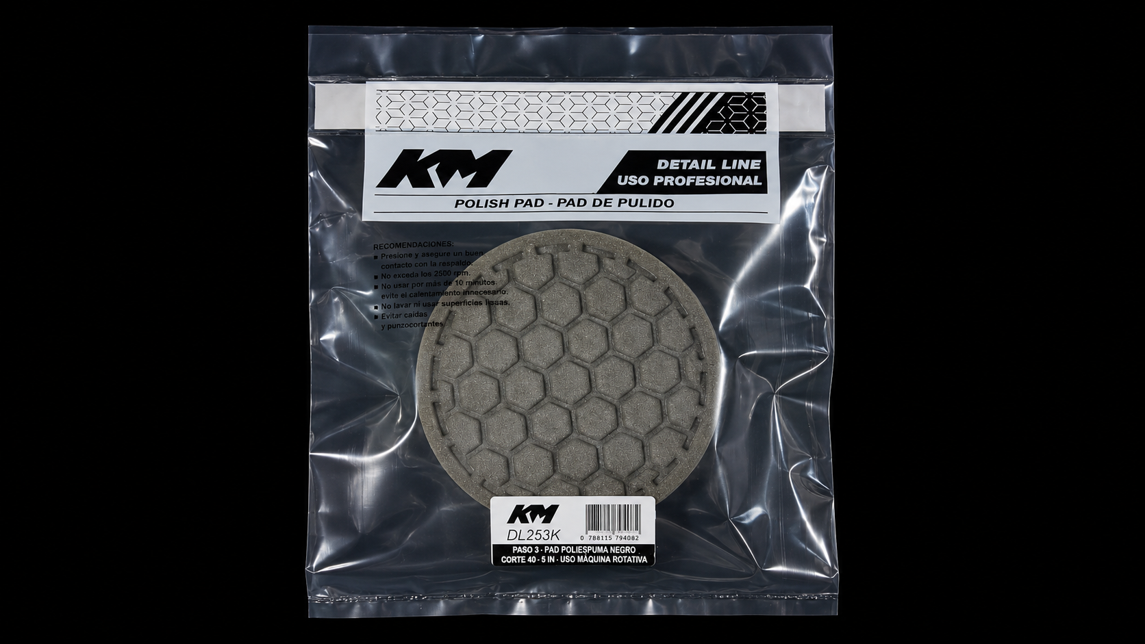 DL253K - PAD POLIESPUMA NEGRO CORTE 40 5 IN - Pad poliespuma con velcro - Poliespuma - 5 IN - corte 40 - Velcro - Rotativa - KM Detail Line