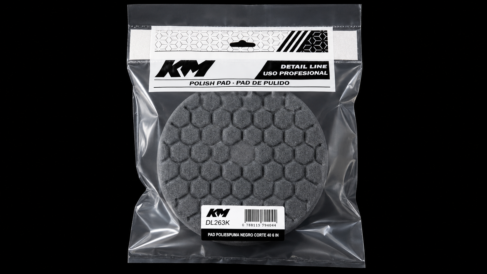 DL263K - PAD POLIESPUMA NEGRO CORTE 40 6 IN - Pad poliespuma con velcro - Poliespuma - 6 IN - corte 40 - Velcro - Rotativa - KM Detail Line