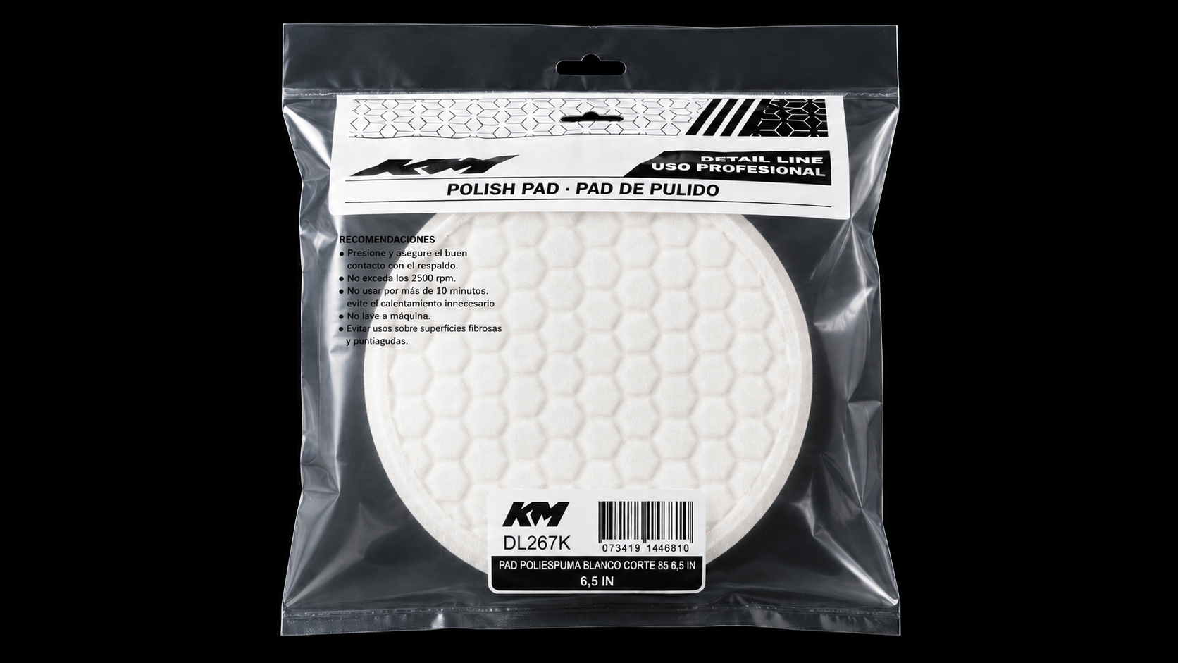 DL267K - PAD POLIESPUMA BLANCO CORTE 85 6,5 IN - Pad poliespuma con velcro - Poliespuma - 6,5 IN - corte 85 - Velcro - Rotativa - KM Detail Line