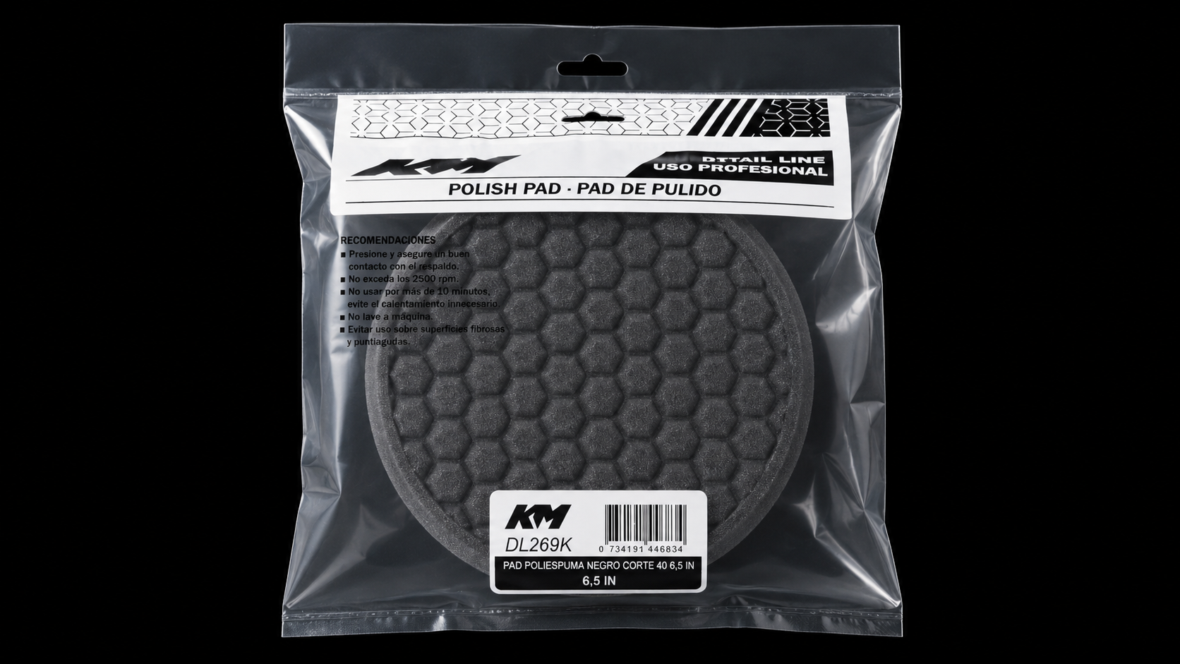 DL269K - PAD POLIESPUMA NEGRO CORTE 40 6,5 IN - Pad poliespuma con velcro - Poliespuma - 6,5 IN - corte 40 - Velcro - Rotativa - KM Detail Line