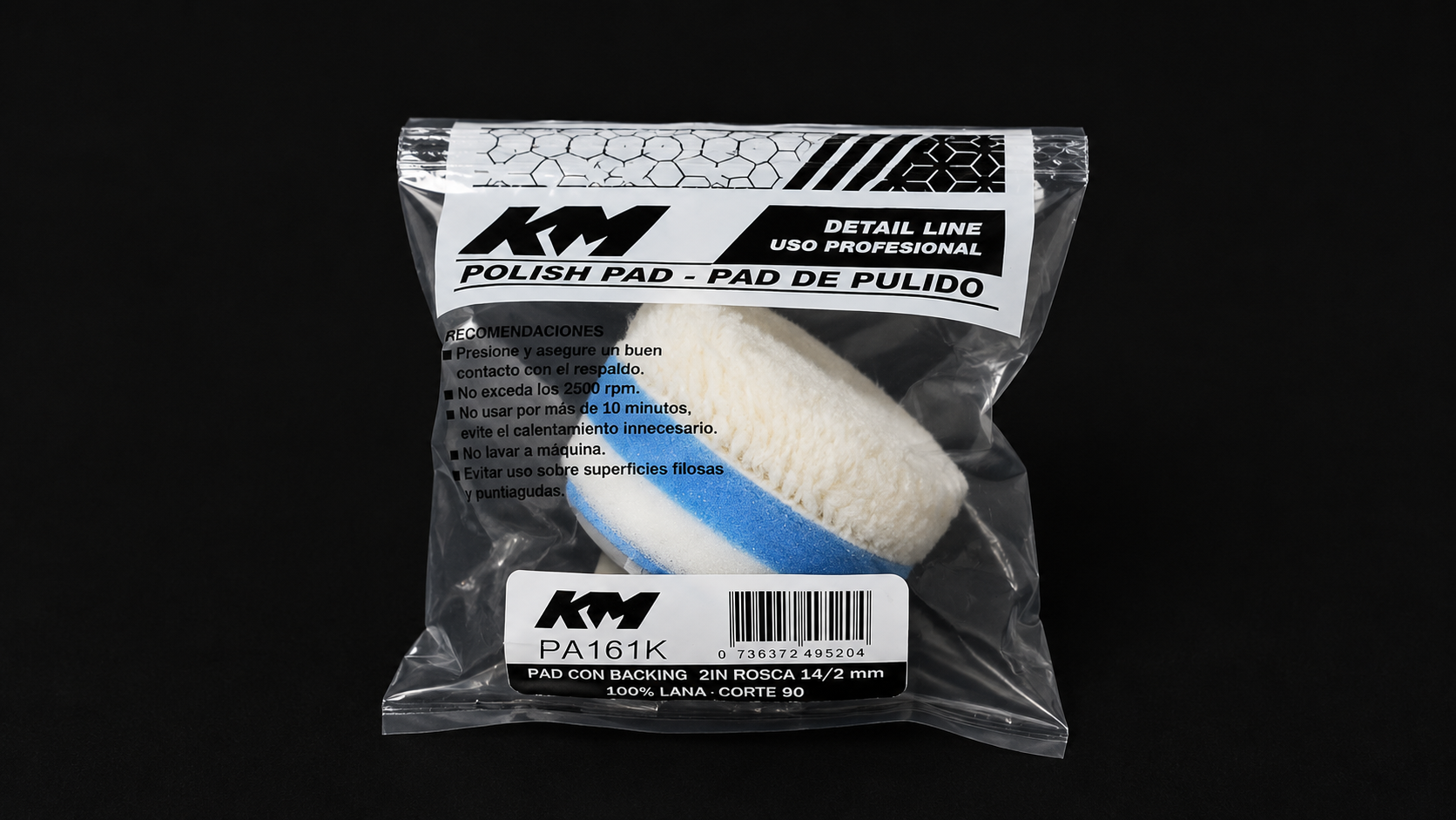 PA161K - PAD CON BACKING 100% LANA CORTE 90 2 IN - Pad lana con backing - Lana 100% - 2 IN - corte 90 - Rosca 14/2 mm - Rotativa - KM Detail Line