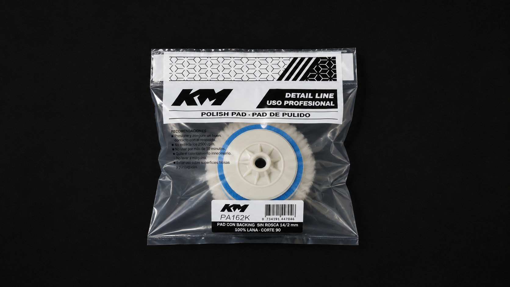 PA162K - PAD CON BACKING 100% LANA CORTE 90 3 IN - Pad lana con backing - Lana 100% - 3 IN - corte 90 - Rosca 14/2 mm - Rotativa - KM Detail Line