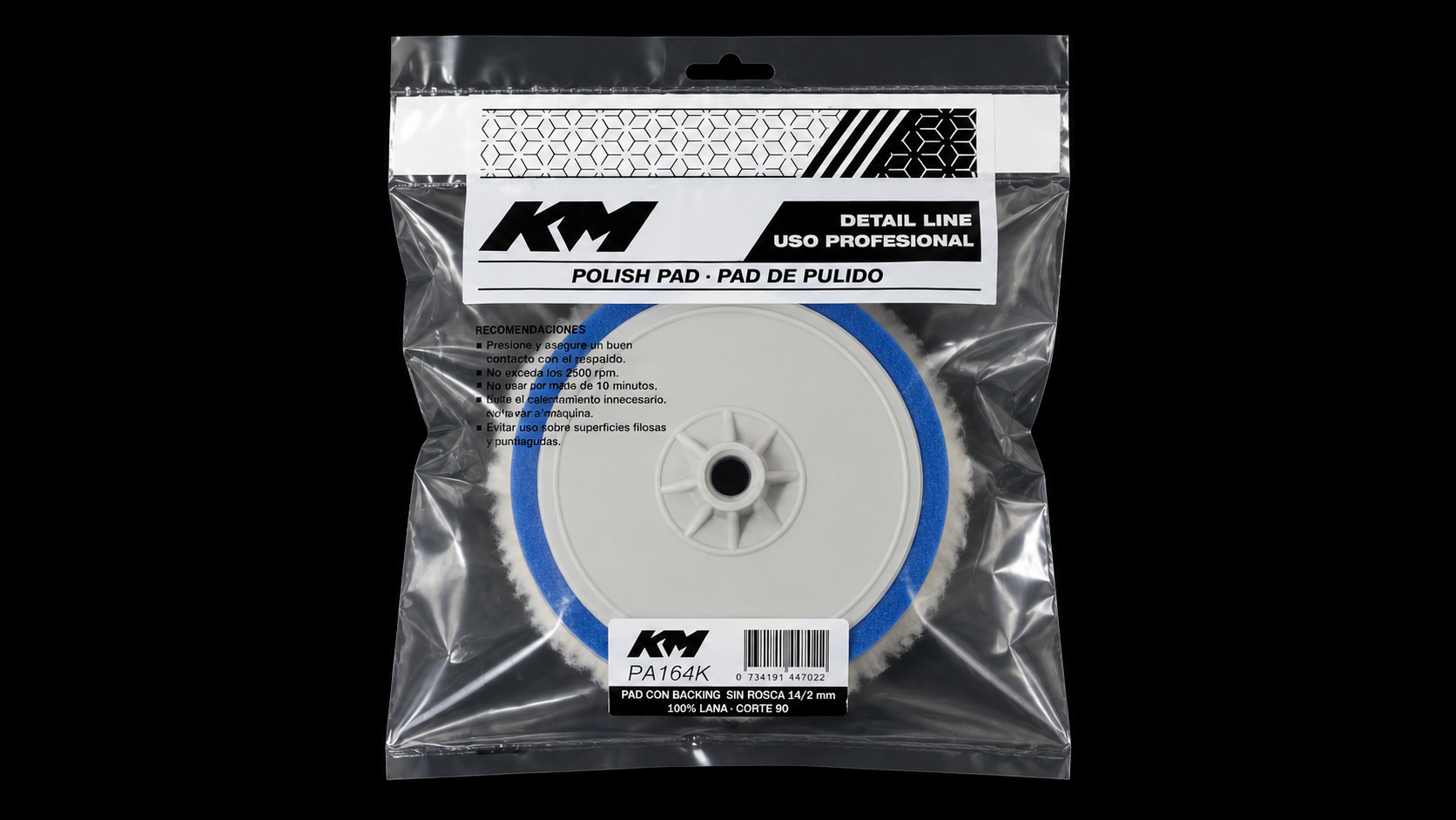 PA164K - PAD CON BACKING 100% LANA CORTE 90 5 IN - Pad lana con backing - Lana 100% - 5 IN - corte 90 - Rosca 14/2 mm - Rotativa - KM Detail Line