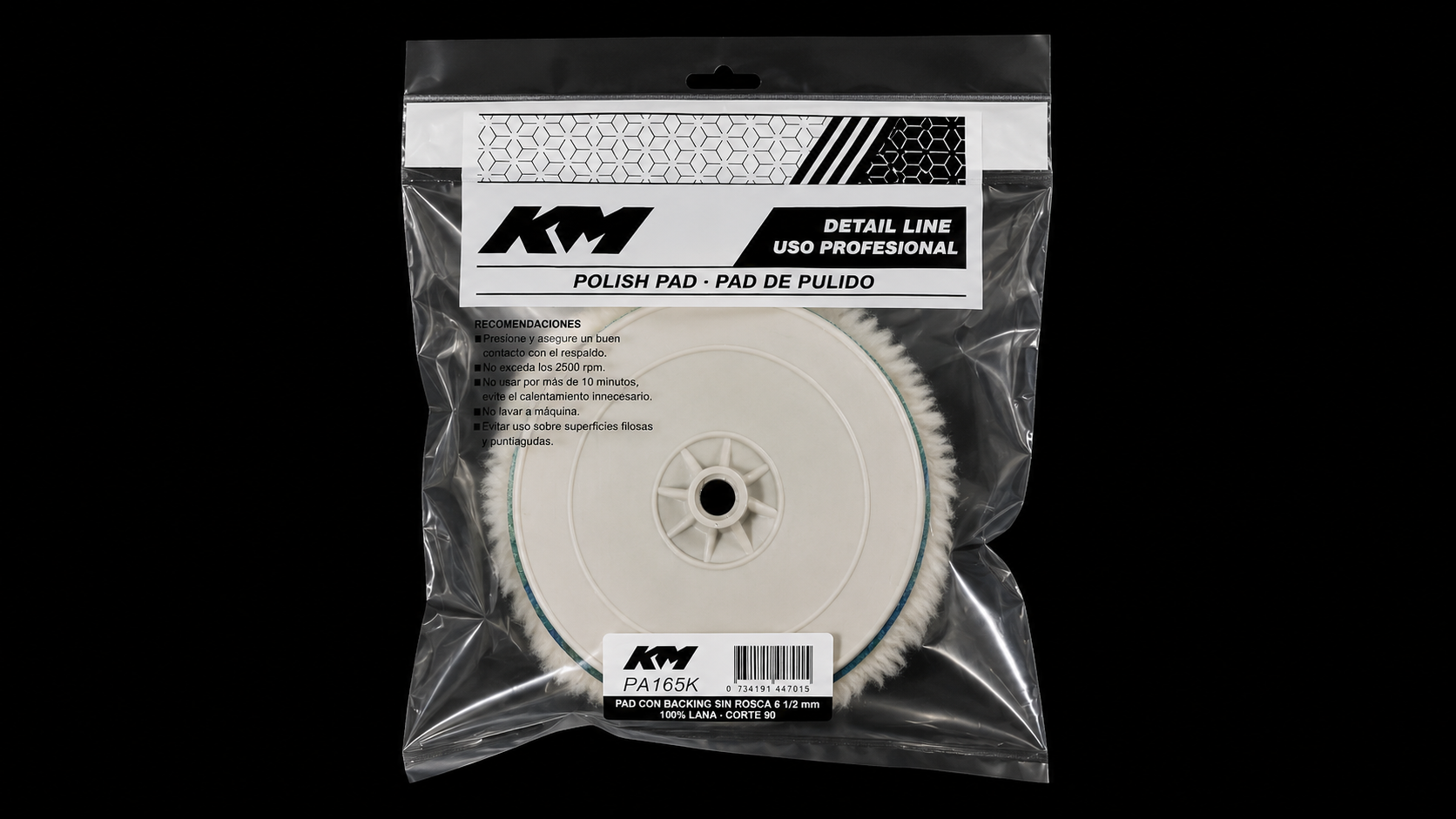 PA165K - PAD CON BACKING 100% LANA CORTE 90 6 IN - Pad lana con backing - Lana 100% - 6 IN - corte 90 - Rosca 14/2 mm - Rotativa - KM Detail Line