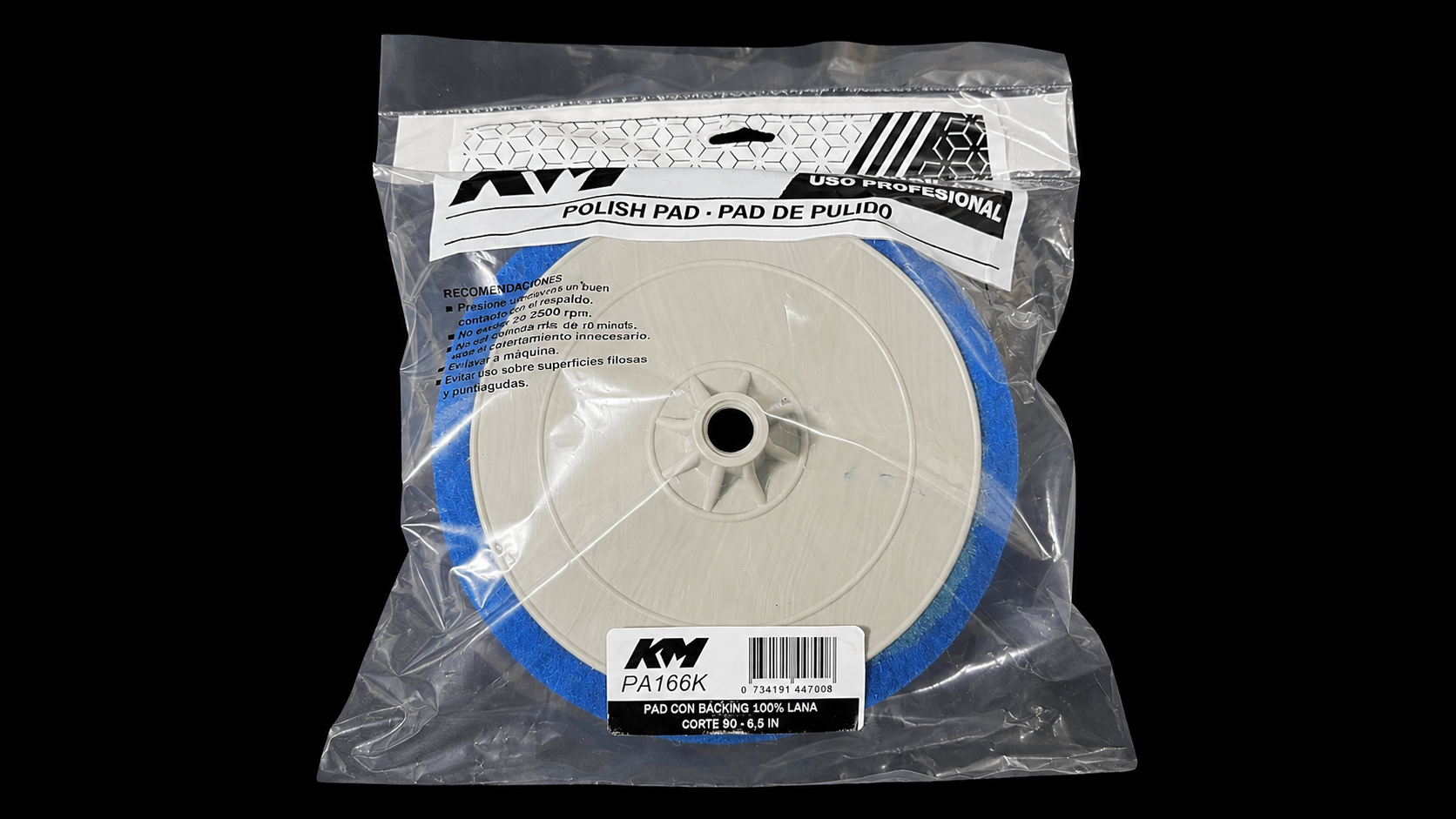 PA166K - PAD CON BACKING 100% LANA CORTE 90 6,5 IN - Pad lana con backing - Lana 100% - 6,5 IN - corte 90 - Rosca 14/2 mm - Rotativa - KM Detail Line