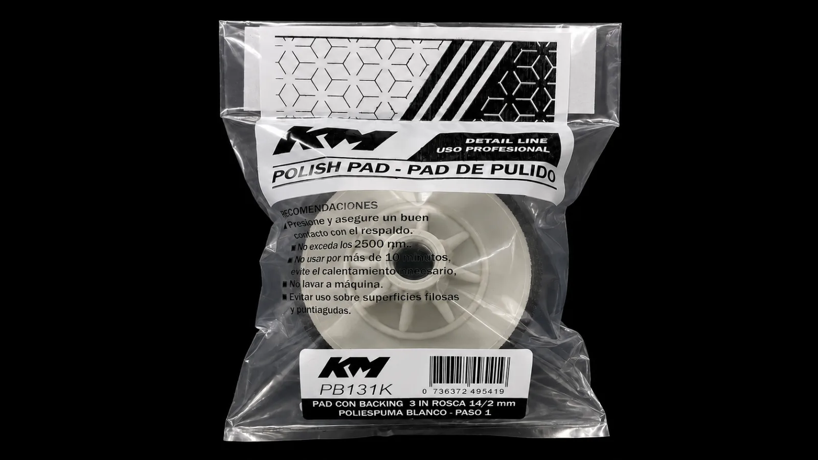 PB131K - PAD POLIESPUMA BLANCO CORTE 85 3 IN - Pad poliespuma con backing - Poliespuma - 3 IN - corte 85 - Rosca 14/2 mm - Rotativa - KM Detail Line imagen 2