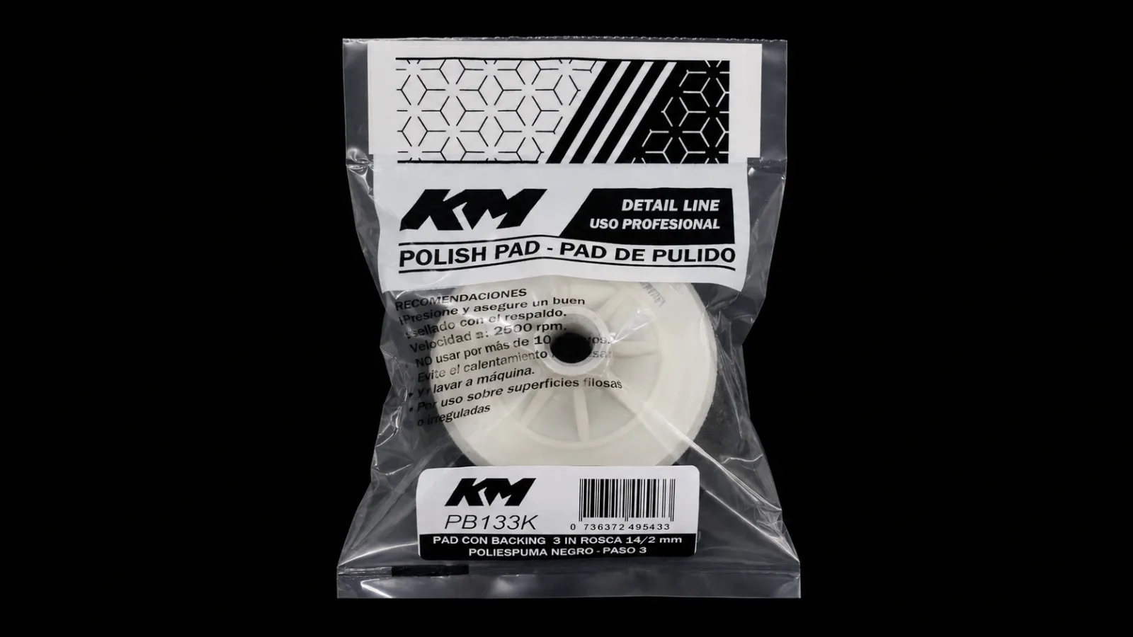 PB133K - PAD POLIESPUMA NEGRO CORTE 40 3 IN - Pad poliespuma con backing - Poliespuma - 3 IN - corte 40 - Rosca 14/2 mm - Rotativa - KM Detail Line