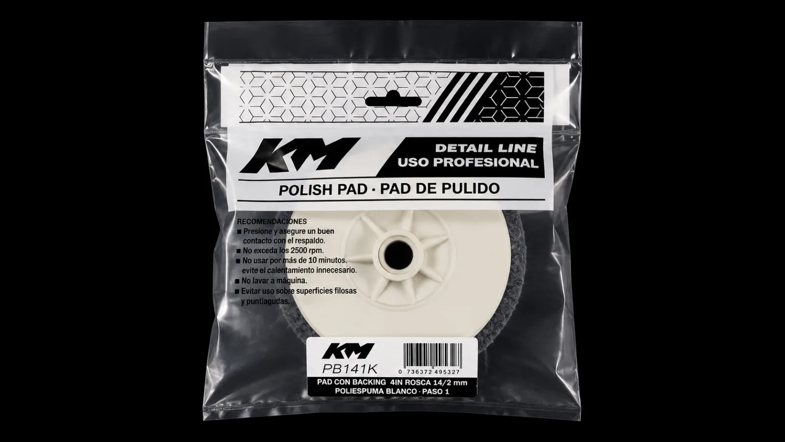 PB141K - PAD POLIESPUMA BLANCO CORTE 85 4 IN - Pad poliespuma con backing - Poliespuma - 4 IN - corte 85 - Rosca 14/2 mm - Rotativa - KM Detail Line