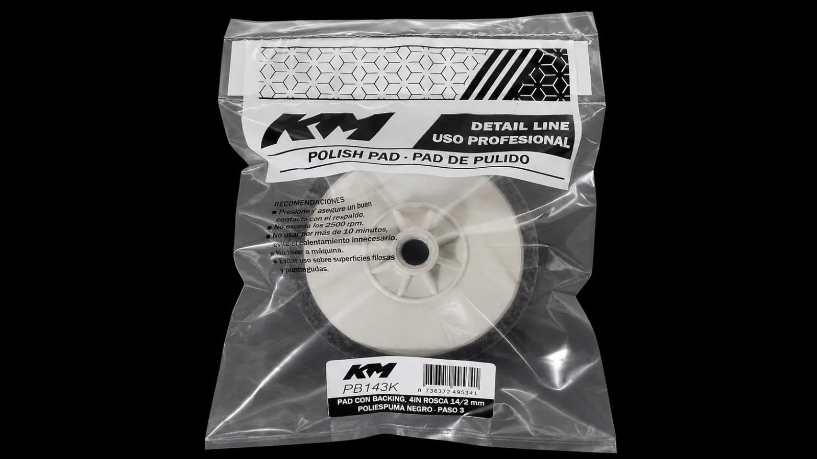 PB143K - PAD POLIESPUMA NEGRO CORTE 40 4 IN - Pad poliespuma con backing - Poliespuma - 4 IN - corte 40 - Rosca 14/2 mm - Rotativa - KM Detail Line