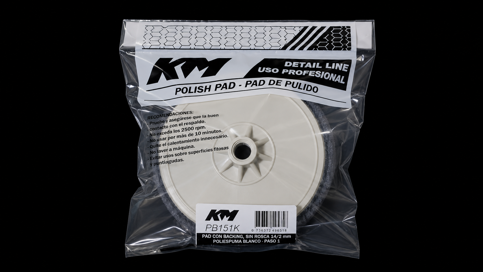 PB151K - PAD POLIESPUMA BLANCO CORTE 85 5 IN - Pad poliespuma con backing - Poliespuma - 5 IN - corte 85 - Rosca 14/2 mm - Rotativa - KM Detail Line