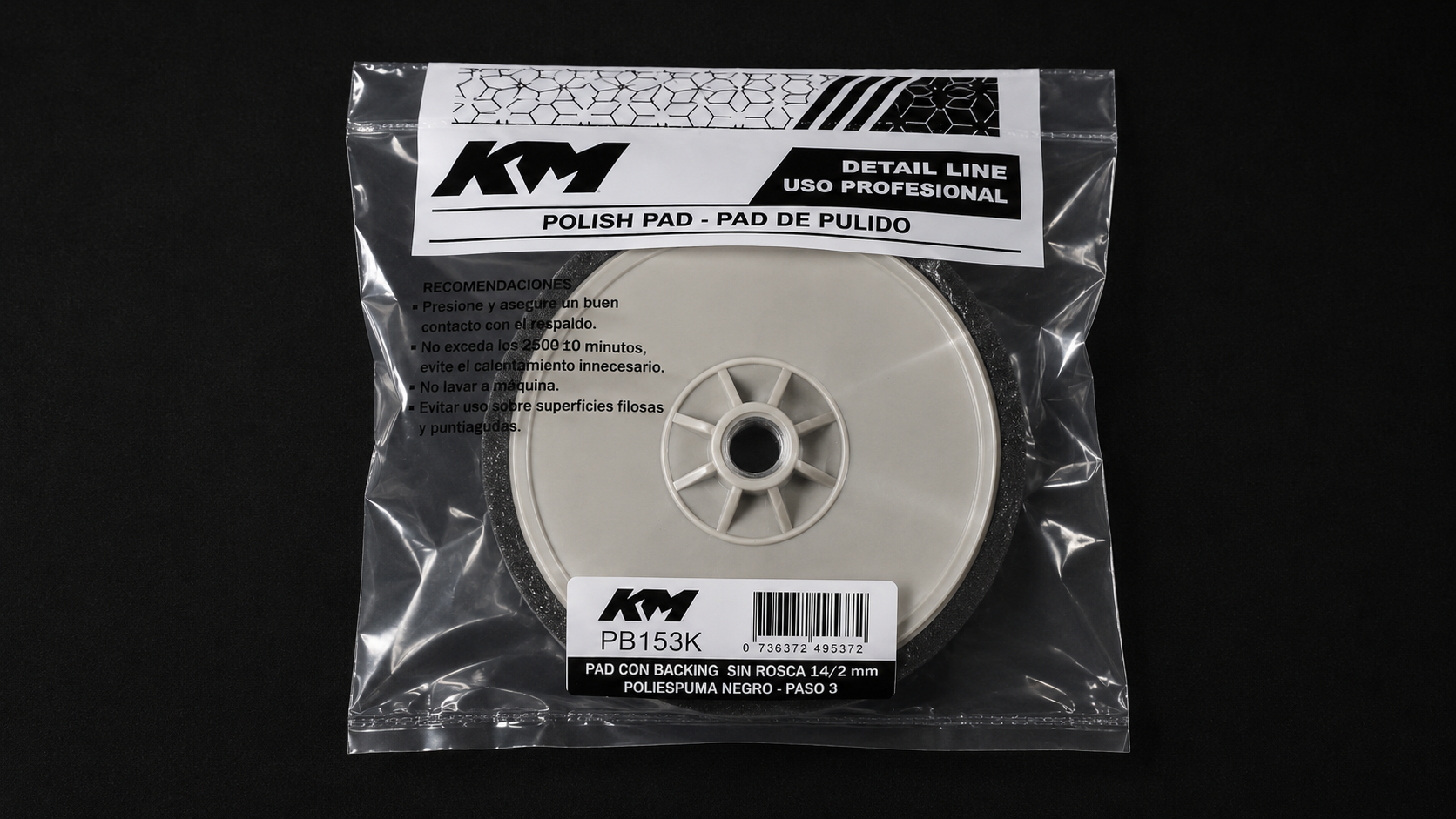 PB153K - PAD POLIESPUMA NEGRO CORTE 40 5 IN - Pad poliespuma con backing - Poliespuma - 5 IN - corte 40 - Rosca 14/2 mm - Rotativa - KM Detail Line