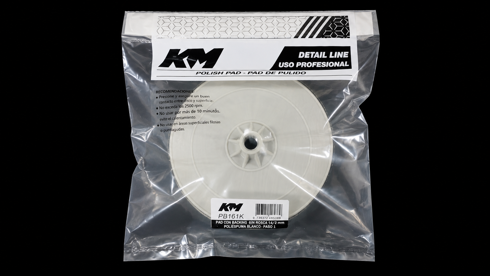 PB161K - PAD POLIESPUMA BLANCO CORTE 85 6 IN - Pad poliespuma con backing - Poliespuma - 6 IN - corte 85 - Rosca 14/2 mm - Rotativa - KM Detail Line