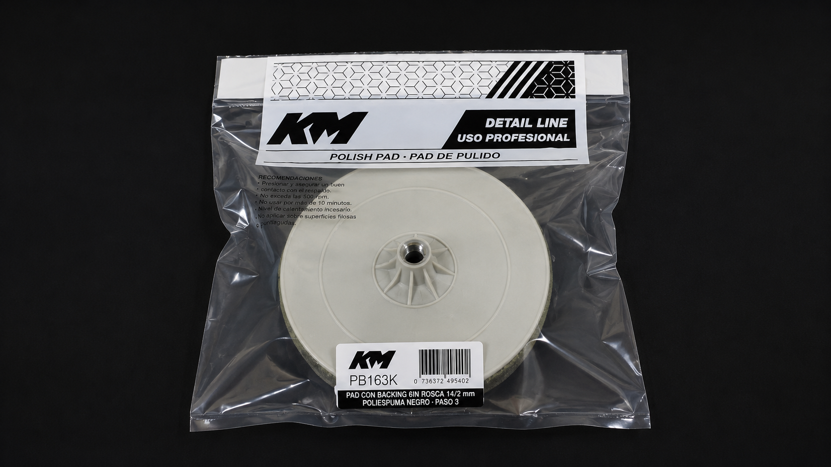 PB163K - PAD POLIESPUMA NEGRO CORTE 40 6 IN - Pad poliespuma con backing - Poliespuma - 6 IN - corte 40 - Rosca 14/2 mm - Rotativa - KM Detail Line