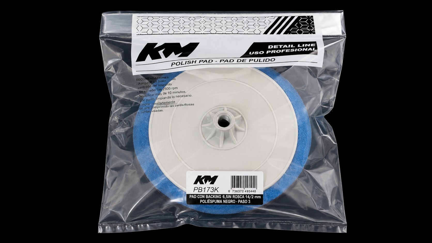 PB173K - PAD POLIESPUMA NEGRO CORTE 40 6,5 IN - Pad poliespuma con backing - Poliespuma - 6,5 IN - corte 40 - Rosca 14/2 mm - Rotativa - KM Detail Line