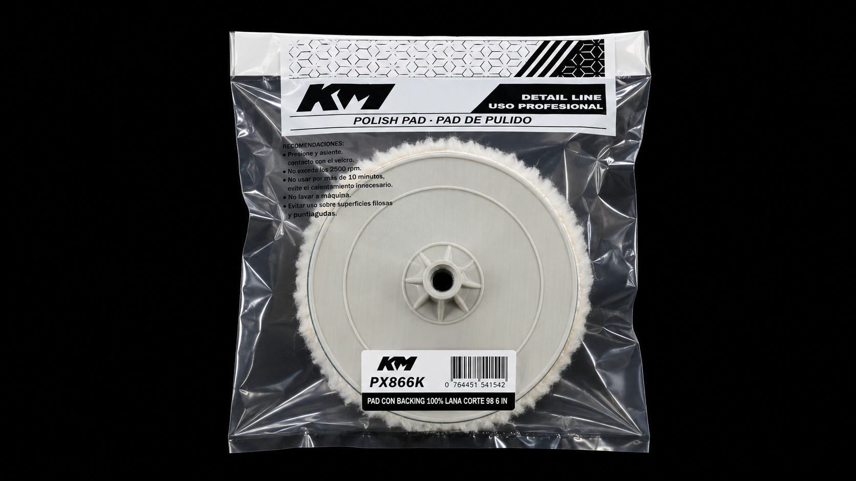 PX866K - PAD CON BACKING 100% LANA CORTE 98 6 IN - Pad lana con backing - Lana 100% - 6 IN - corte 98 - Rosca 14/2 mm - Rotativa - KM Detail Line